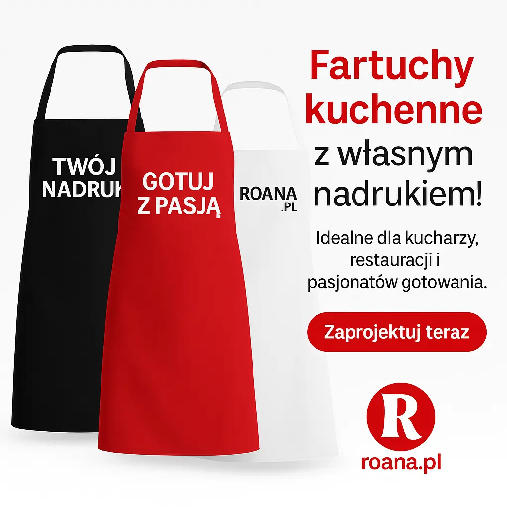 Fartuch kuchenny z nadrukiem logo wykonany w drukarni Roana