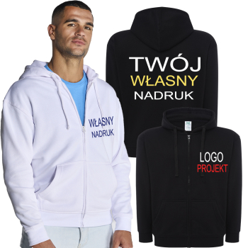 Bluza Rozpinana z Kapturem Własnym Nadrukiem Logo Napis Grafika  Mały Przód+Duży tył