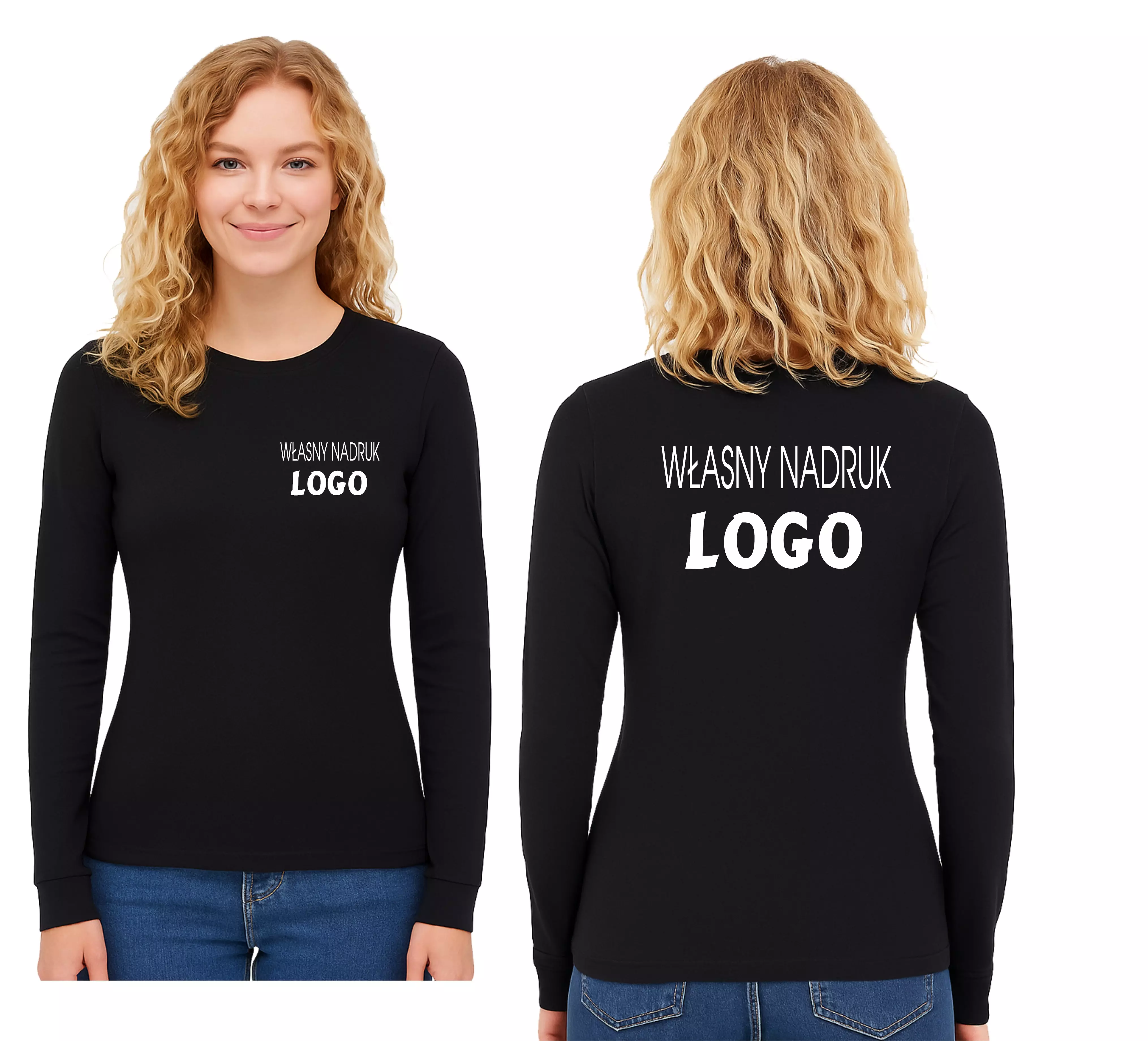 Koszulka damska z długim rękawem, kolor biały, z własnym nadrukiem